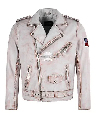 Buy Men's Brando Motorcycle Leather Jacket Cross Zip Biker Style Rust Effects Jacket • 165£