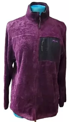 Buy Womens FILA Zip Up Fleece Jacket Purple Fluffy Teddy  Medium M 12 Uk Unique Rare • 13.99£