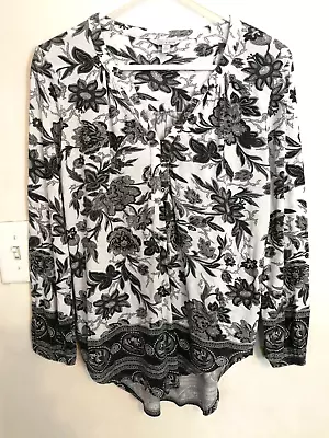 Buy Lucky Brand Womens Blouse M Shirt Button Floral White Black Gray Top Long Sleeve • 22.18£