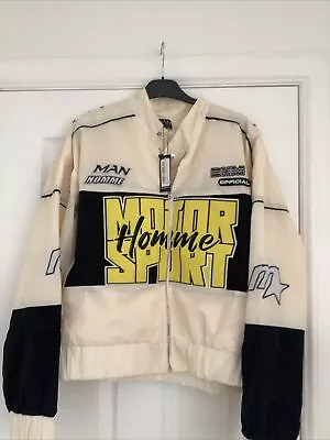 Buy Boohoo Man Biker Jacket Size L BNWT Unisex Oversized Cream/yellow/black  • 25£