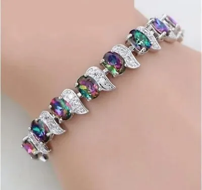 Buy Mystic Rainbow Round Topaz Sterling Silver Tennis Bracelet Jewelry Chain Link • 8.45£