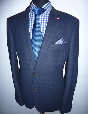 Buy Mens Easy Blue Tweed Blazer Jacket Check Wool Sport Coat Tailored Fit Size Large • 27.99£