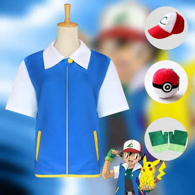 Buy Pokemon Ash Ketchum Cosplay Costume Full Set Jacket + Gloves + Hat + Ball • 30.29£