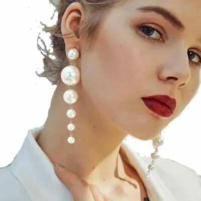 Buy Pearl Gold Statement Dangle Earrings Wedding Big Long Drop Party Gift Jewellery • 3.99£