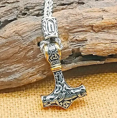 Buy Viking/Mjolnir/Thors Hammer Stainless Steel Pendant Necklace  With Rune Bead • 40£