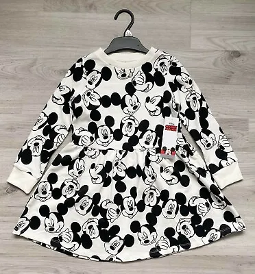 Buy Mickey Mouse F&F Sweater Jumper Dress Cotton Girls Black White Disney Skater NEW • 4.95£