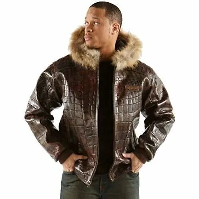 Buy Men Bomber Hooded Leather Jacket Crocodile Embossed Jacket Fur Hood Biker Jacket • 61.72£