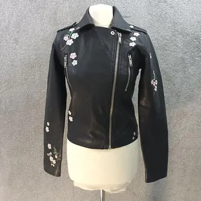 Buy Black Floral Biker Jacket Faux Leather Pink Embroidery Silver Zip Up Y2k Uk 6 • 14.99£