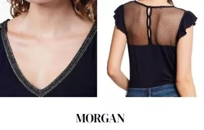 Buy Womens Morgan Top T Shirt V-Neck Mesh Panels Polka Detail Size M Bust 36in Navy • 8.99£