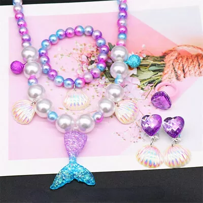 Buy Girls Jewelry Sets Mermaid Pearl Necklace Bracelet Ring Earring Set Kids Toys • 4.99£