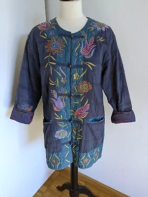 Buy Gudrun Sjoden Quilted Jacket Small UK 8 10 Blue Embroidered Floral Boho *FLAW* • 49.99£