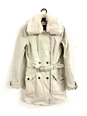Buy RIVER ISLAND Cream Faux Leather Hooded Zip Up Winter Coat Jacket Size 8 • 14.99£