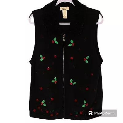 Buy Bechamel Black Zip Front Embroidered Christmas Vest XL Holly & Berries Sweater • 16.89£