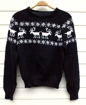 Buy Navy & White Handknitted Christmas Jumper With Reindeer & Snowflakes Design. S/m • 10£