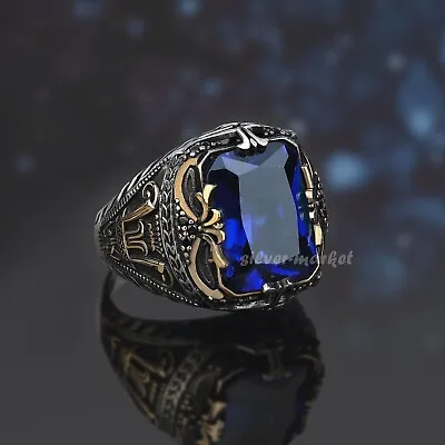 Buy Turkish 925 Sterling Silver Handmade Jewelry Sapphire Blue Men's Ring All Size • 55.92£