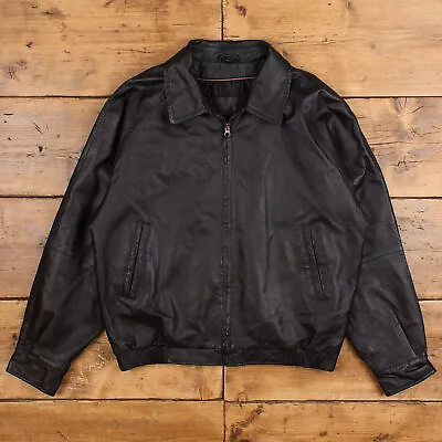 Buy Vintage St John's Bay Leather Jacket M 90s Bomber Raglan Black Zip • 49.99£