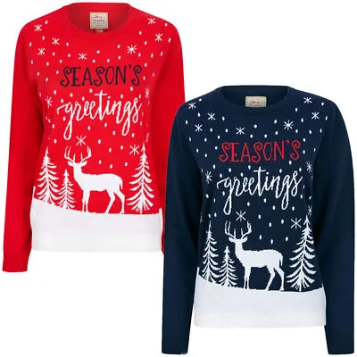 Buy Women's Novelty Christmas Jumper Greetings Stag Motif Xmas Sweater Pullover • 16.99£