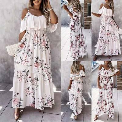 Buy Womens Boho Cold Shoulder Maxi Dress Ladies Summer Holiday Beach Floral Sundress • 3.39£