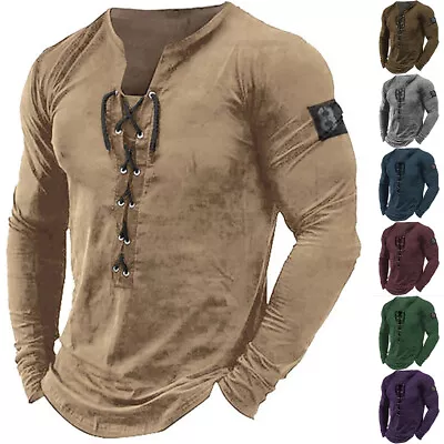 Buy Mens Lace Up Long Sleeve T-Shirt Grandad Gym Fitness Muscle Slim Fit Shirts Tops • 3.99£
