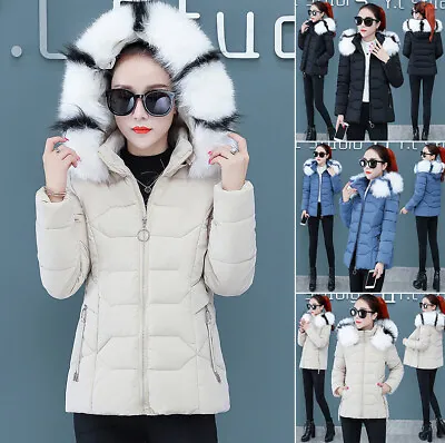 Buy Womens Ladies Quilted Winter Short Coat Puffer Fur Hooded Jacket Parka Padded Uk • 12.99£