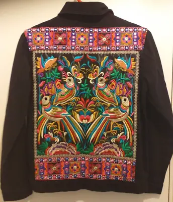 Buy Size 6 Black Boohoo Jean Jacket With Colourful Embroidery Back Design Pre Owned. • 15£