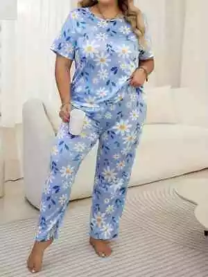Buy Pyjama Set Plus  22 24 26 28 Blue Floral Daisy Stretch Loungewear Lightweight • 12.50£