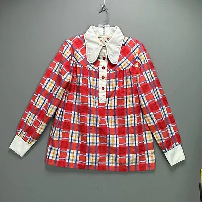 Buy Womens Vintage 70s Plaid 1/4 Button Big Collar Shirt Red White Blue L/S School • 91.27£