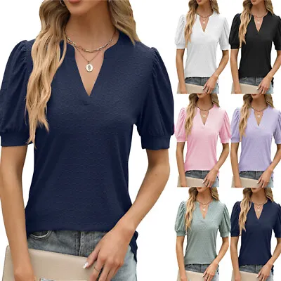 Buy Ladies Holiday Short Sleeve T-Shirts Loose Hollow Casual Puff V Neck Blouse Tops • 10.89£
