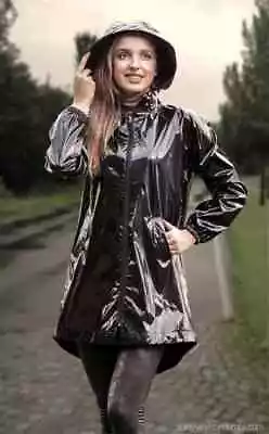 Buy BLACK  PVC Vinyl Womens Shinny Trench Long Coat Waterproof Winters Hoodie Jacket • 95.99£