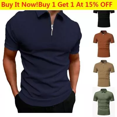 Buy Men Summer Casual Top Polo Short Sleeve Zip Up Muscle Shirts Fit Stretchable • 9.68£