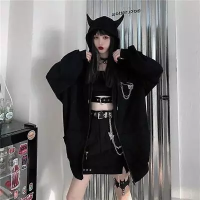 Buy Devil Horn Zip Up Hooded Sweatshirt Jacket Hoodie Gothic Halloween Women's 2024 • 22.53£