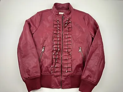 Buy Evy's Tree Red Moto Faux Leather Jacket Size Small The Zoe Ruffle Trim Flanking • 14.41£