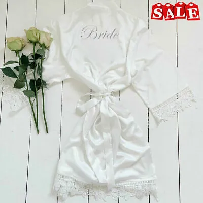 Buy Bride Satin Gown Robe Bridesmaid Pyjamas Kimono Personalised V Neck Wedding Lace • 13.99£