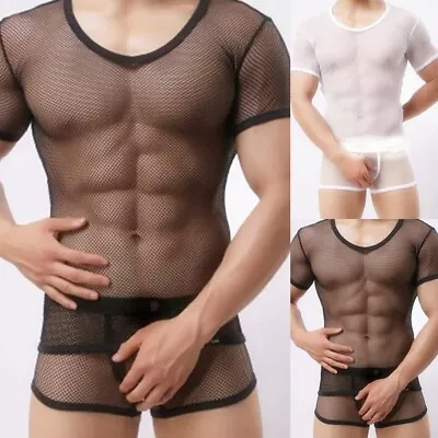 Buy Mens T Shirts Cotton Mesh Tops Black M-xL Party Nightclub Sexy Short Sleeve • 11.81£