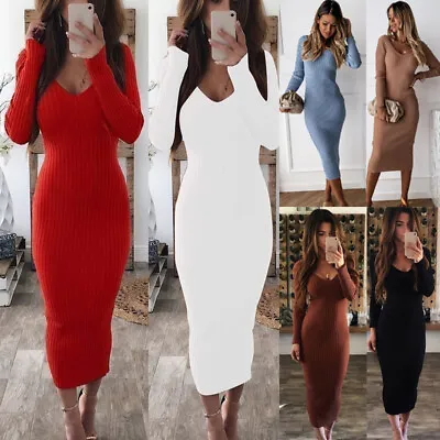 Buy Women V Neck Long Sleeve Jumper Bodycon Evening Cocktail Party Ribbed Midi Dress • 3.59£