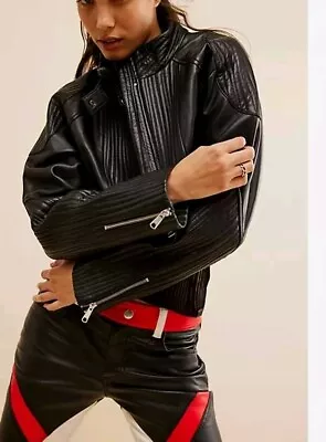 Buy We The Free Trixie Mini Moto Leather Jacket Black Womens SIZE Large REF RP174 • 199.99£