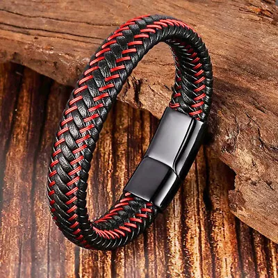 Buy Stainless Steel And Woven Genuine Leather Bracelet, Leather Weave Bracelet • 11.95£