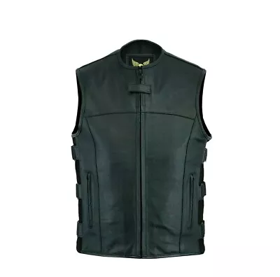 Buy Men SWAT Black Tactical Style Biker Leather Waistcoat Motorcycle Club Vest • 29.99£