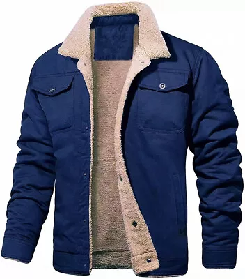 Buy Men Winter Coat Fleece Cargo Jacket 4 Pockets Lapel Collar Trucker Cotton Work • 23.99£