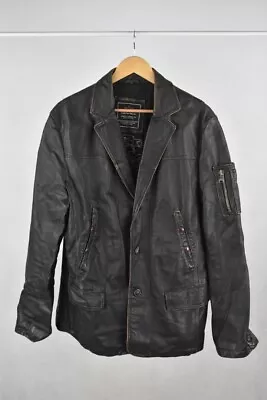 Buy Alpha Industries Men's Dark Brown Leather Jacket Size XL Vintage Button Up • 19.99£