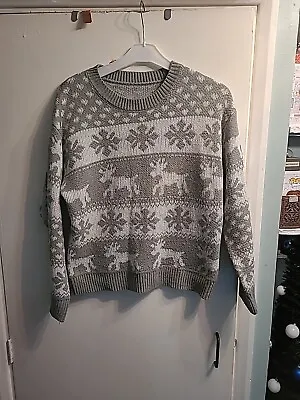 Buy Womens Grey And White Snowflake And Reindeer Christmas Jumper Size M From Shein • 1.99£