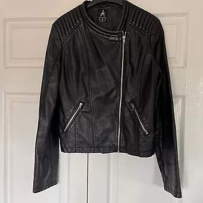 Buy Ladies Black Faux Leather Biker Jacket Size 10 • 3£