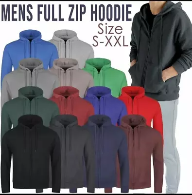 Buy Mens Full Zip Up Plain Hooded Sweatshirt Hoodie Adult Fleece Zipper Hoody Top UK • 13.99£