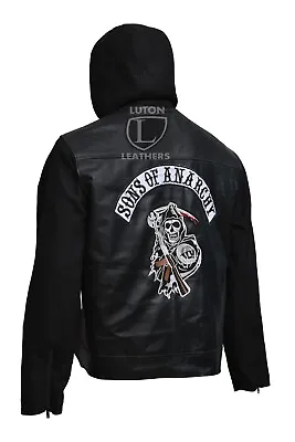 Buy Mens Biker Motorcycle SOA Sons Of Anarchy Hooded Motorcycle Real Leather Jacket • 84.99£
