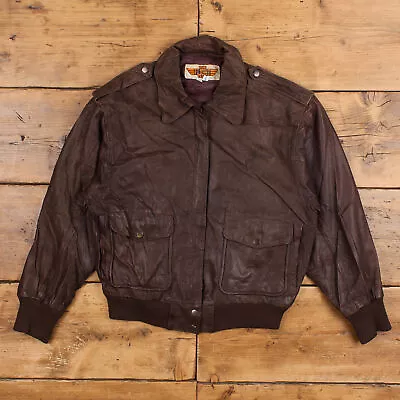 Buy Vintage The Flight Club Leather Jacket S 80s Flight Bomber Brown Zip • 49.99£