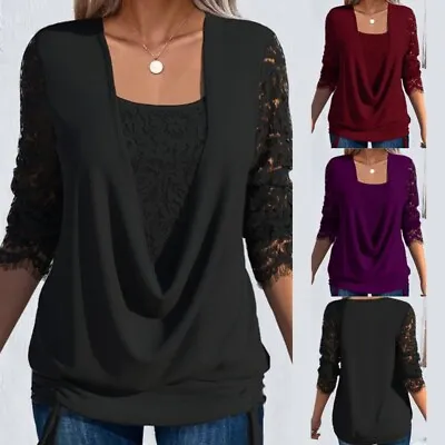 Buy Womens Lace Double Layer  Tunic Tops Ruffle Long Sleeve Blouse T-Shirt Plus Size • 5.29£