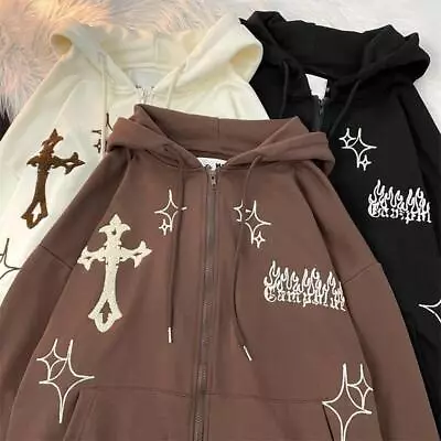 Buy Retro Gothic Y2k Female Street Cross Embroidery Harajuku Hoodie Hip-hop Jacket# • 24.68£