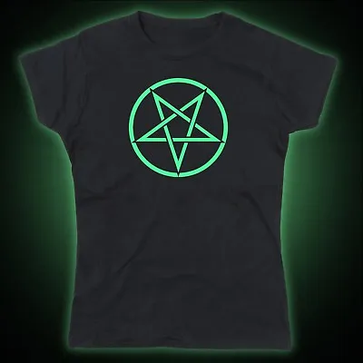 Buy Inverted Pentagram Pagan Emblem Goth Glow In The Dark Ladies Tshirt T-Shirt Tee • 12.95£