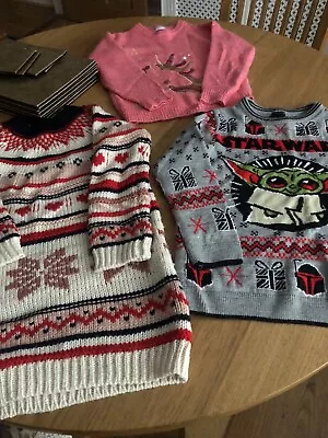 Buy Girls 2 Christmas Yoda & Unicorn Jumpers And Knitted Dress Age 7 To 8 Years • 6.99£
