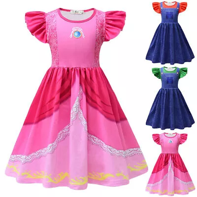Buy Child Girls Super Mario Dress Princess Cosplay Costume Summer Sundress Clothes • 17.39£